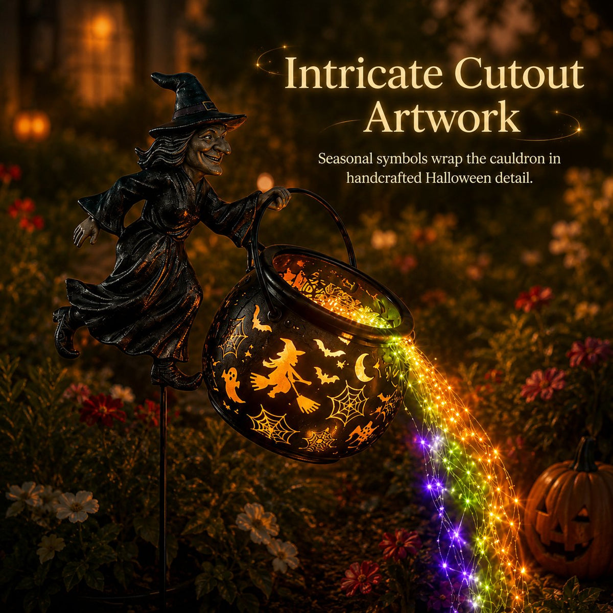 HexaGlow™ Halloween Witch Cauldron Garden Light – Magical Colors & Projections for Your Halloween Décor 🎃✨