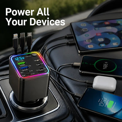 Voltrix™ 7-in-1 Retractable Car Charger — Power Every Device Fast Without the Mess or Stress