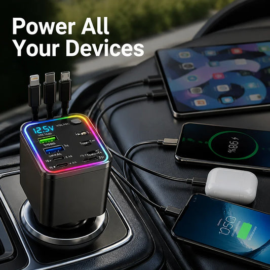Voltrix™ 7-in-1 Retractable Car Charger — Power Every Device Fast Without the Mess or Stress
