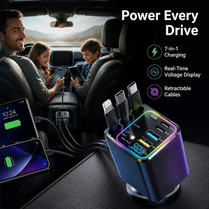 Voltrix™ 7-in-1 Retractable Car Charger — Power Every Device Fast Without the Mess or Stress