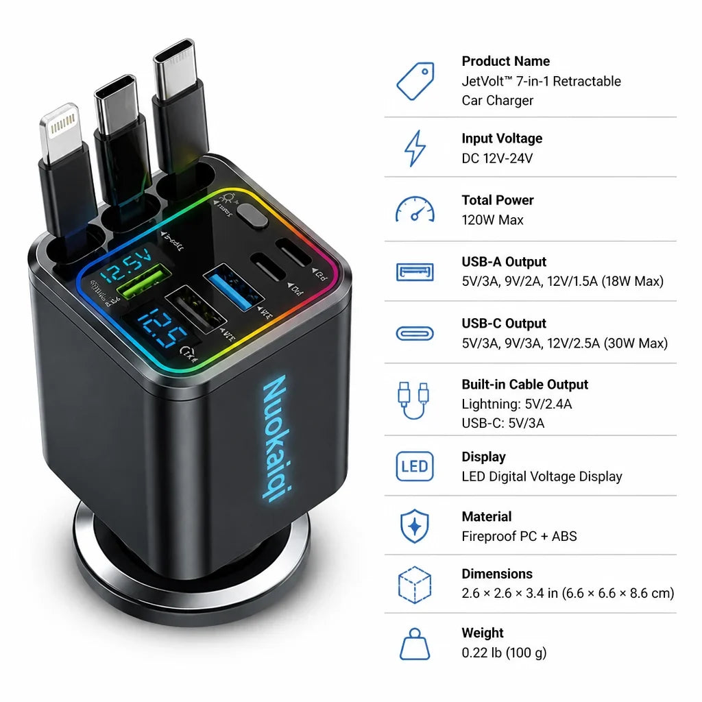Voltrix™ 7-in-1 Retractable Car Charger — Power Every Device Fast Without the Mess or Stress