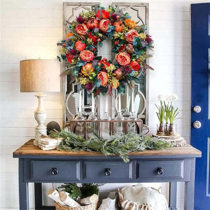 Fall Wreath for Front Door with Flowers & Pumpkins