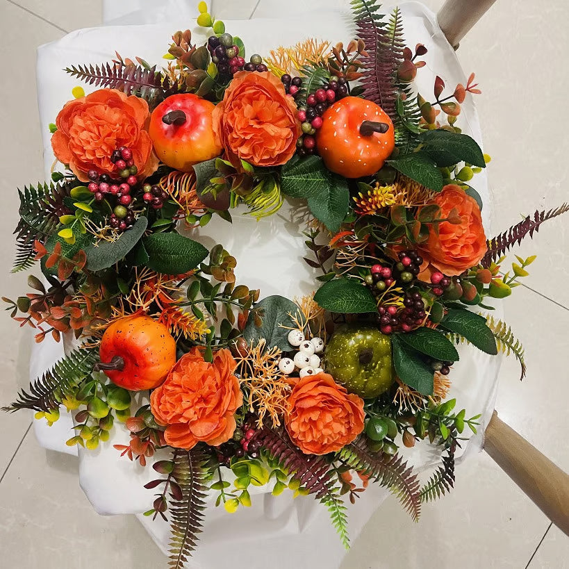 Fall Wreath for Front Door with Flowers & Pumpkins