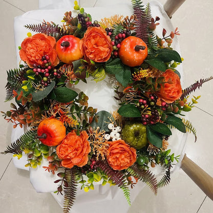 Fall Wreath for Front Door with Flowers & Pumpkins