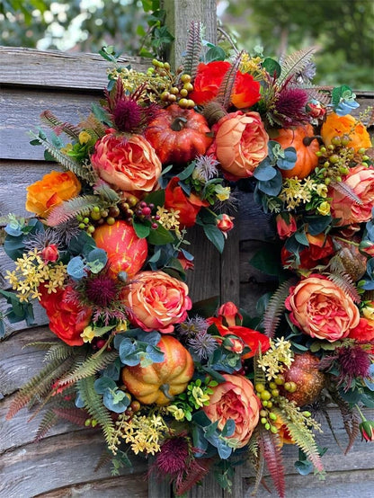 Fall Wreath for Front Door with Flowers & Pumpkins