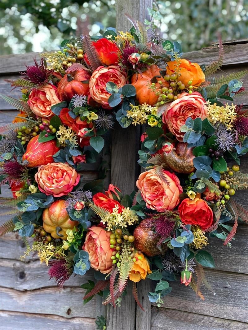 Fall Wreath for Front Door with Flowers & Pumpkins