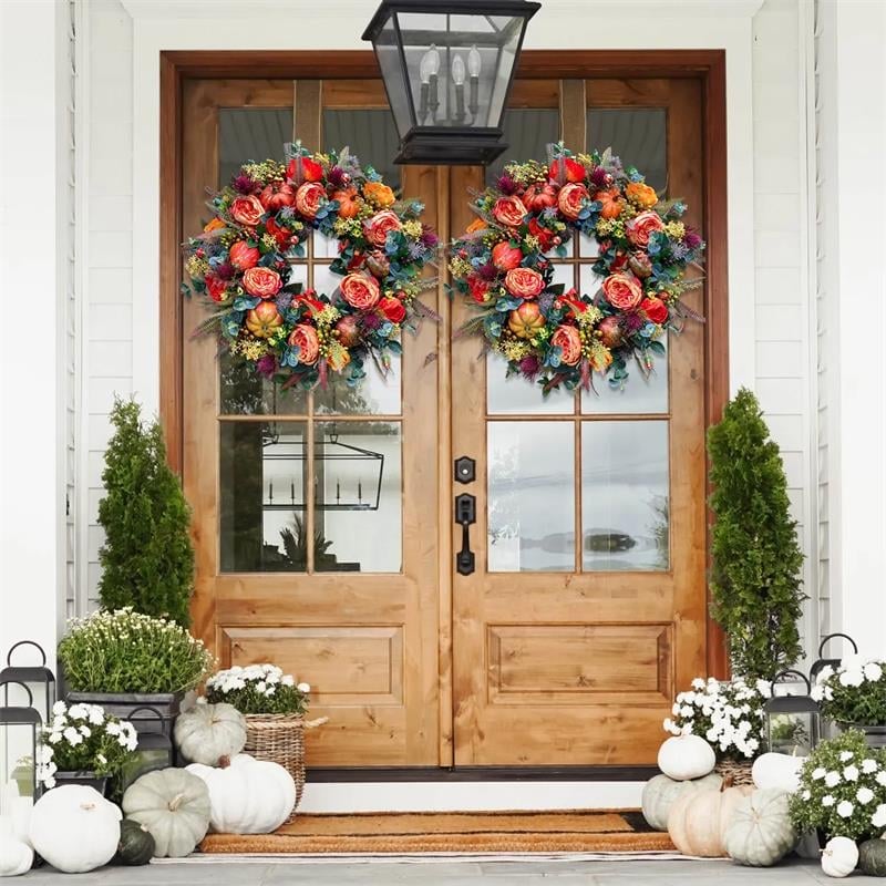 Fall Wreath for Front Door with Flowers & Pumpkins