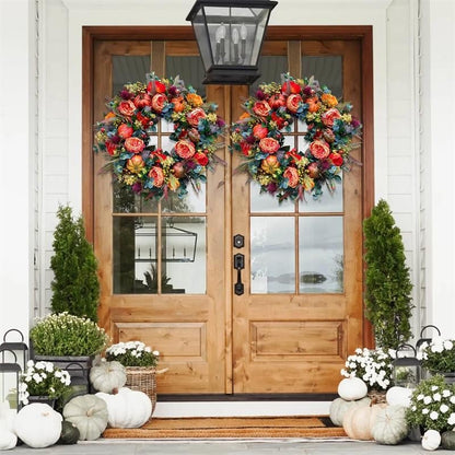 Fall Wreath for Front Door with Flowers & Pumpkins