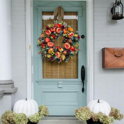 Fall Wreath for Front Door with Flowers & Pumpkins