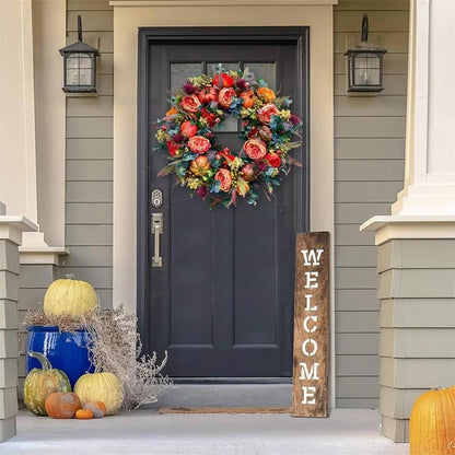 Fall Wreath for Front Door with Flowers & Pumpkins