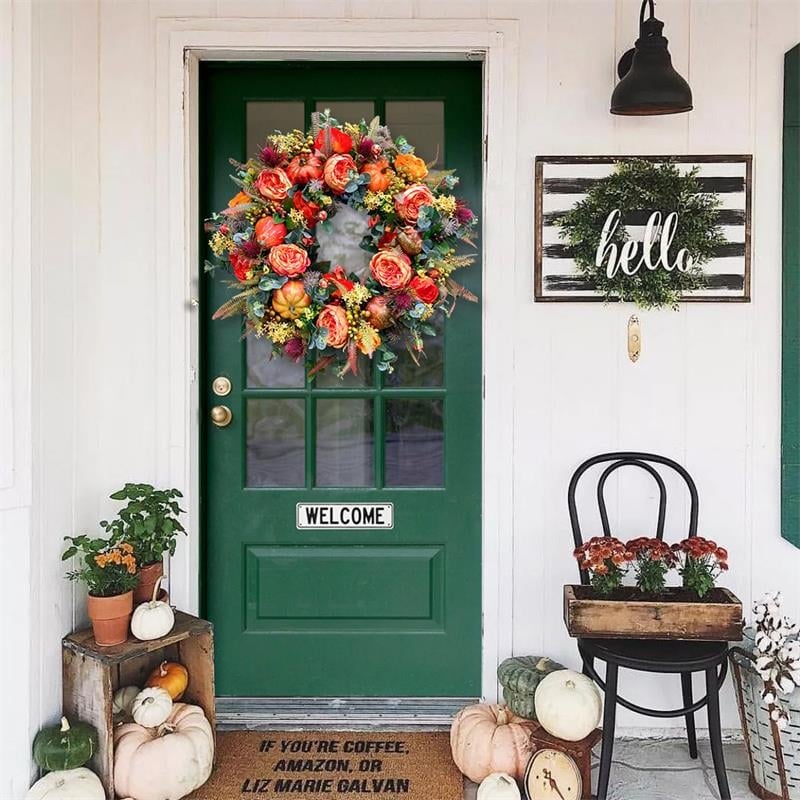 Fall Wreath for Front Door with Flowers & Pumpkins