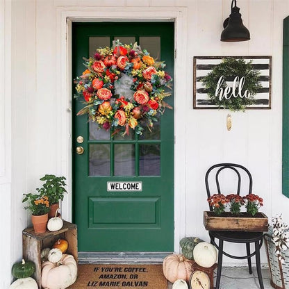Fall Wreath for Front Door with Flowers & Pumpkins