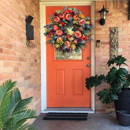 Fall Wreath for Front Door with Flowers & Pumpkins