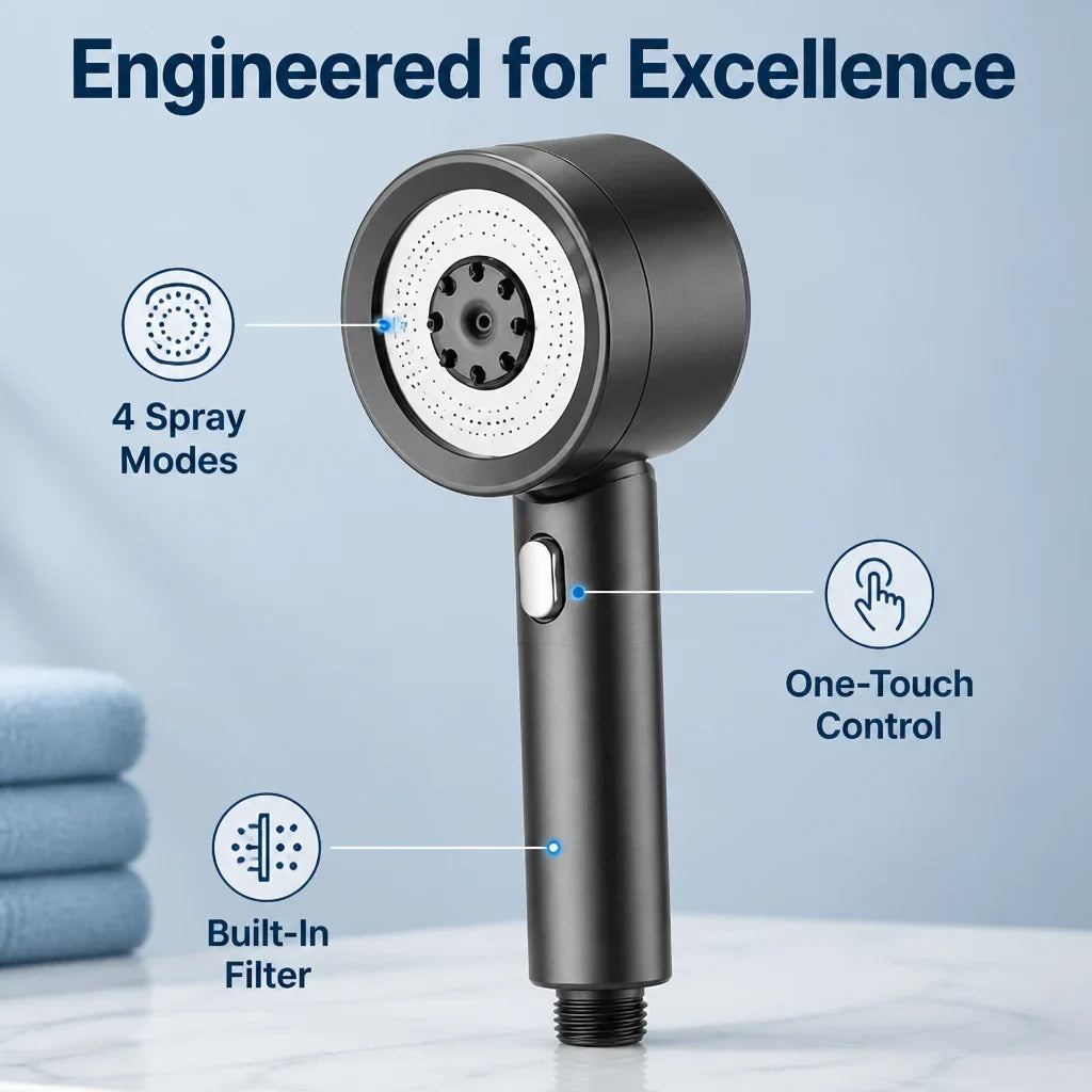 FlowSwitch™ 4-Mode Shower Head — high-pressure handheld shower head with multiple spray modes