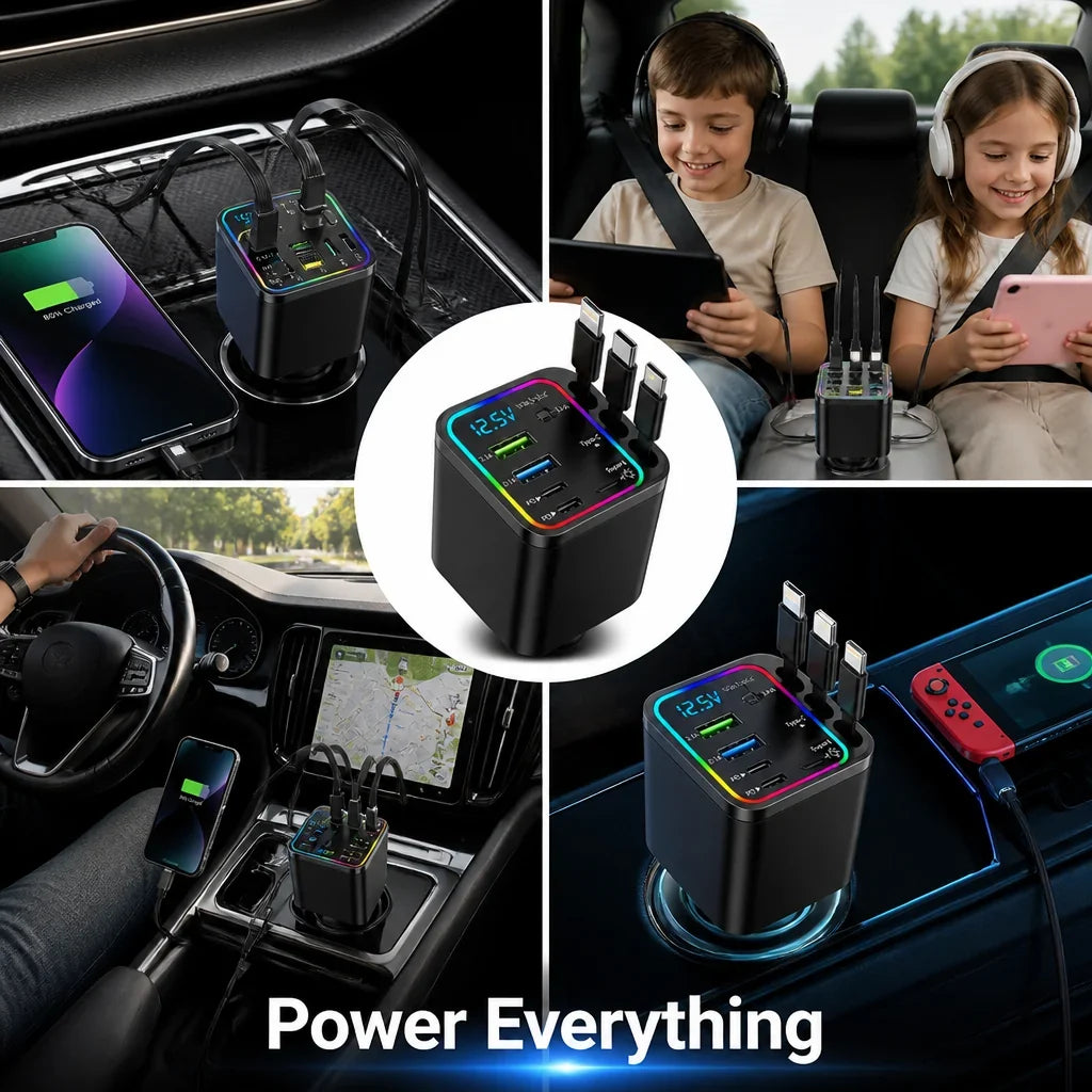 Voltrix™ 7-in-1 Retractable Car Charger — Power Every Device Fast Without the Mess or Stress