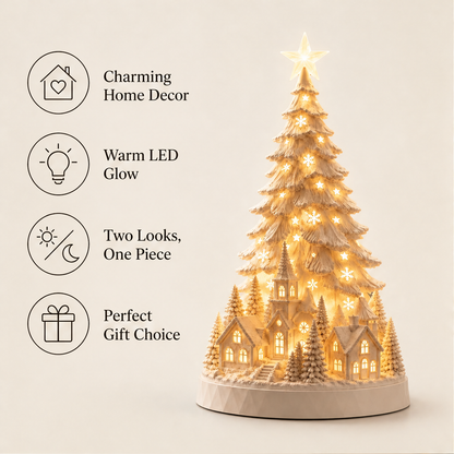 Hearthglow – Lighted Snow-Flocked Christmas Village Tree Decor + 50% OFF