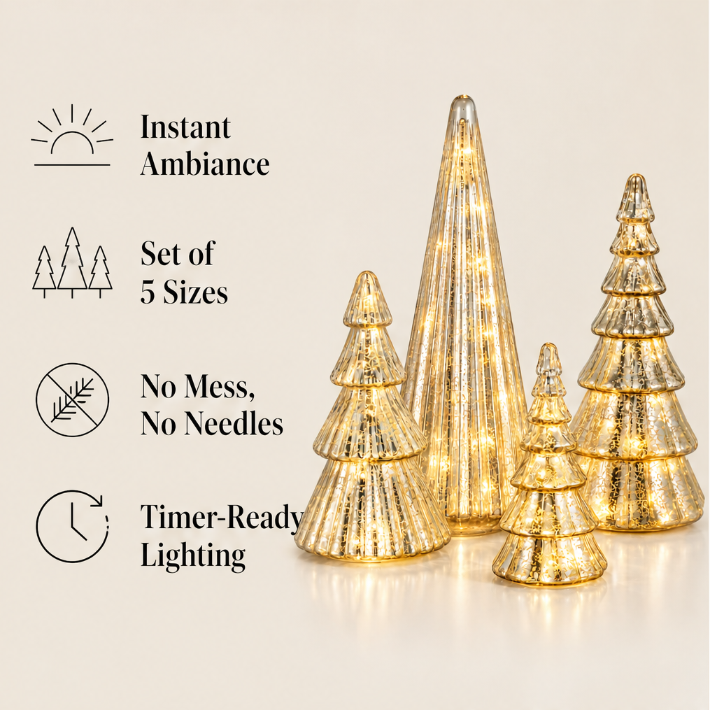 Glowmere – Mercury Glass LED Christmas Trees, Set of 5 + 50% OFF