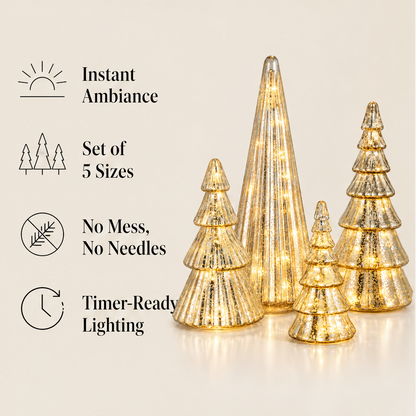 Glowmere – Mercury Glass LED Christmas Trees, Set of 5 + 50% OFF