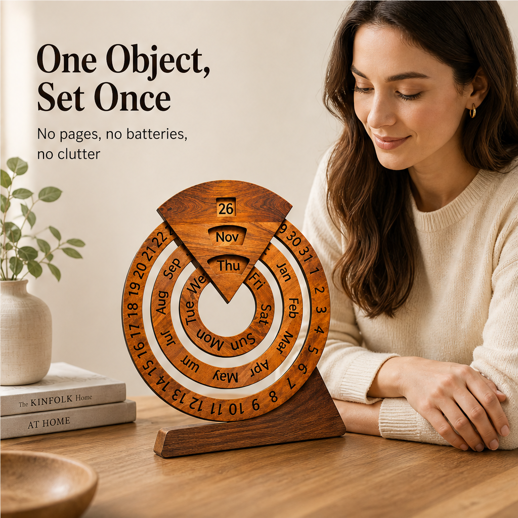 Oakvane – Handcrafted Rotating Wood Perpetual Calendar + 50% OFF