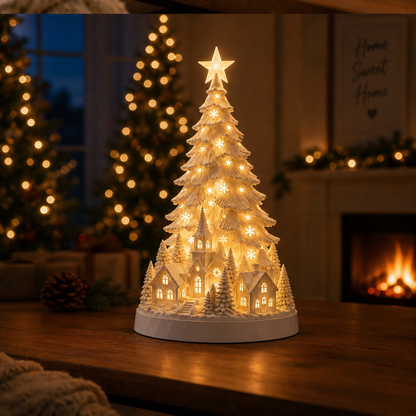 Hearthglow – Lighted Snow-Flocked Christmas Village Tree Decor + 50% OFF