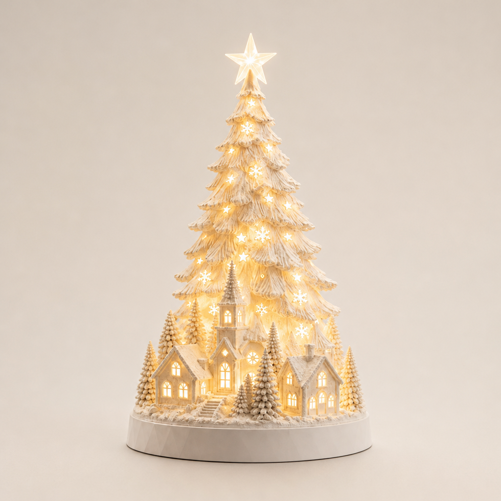 Hearthglow – Lighted Snow-Flocked Christmas Village Tree Decor + 50% OFF