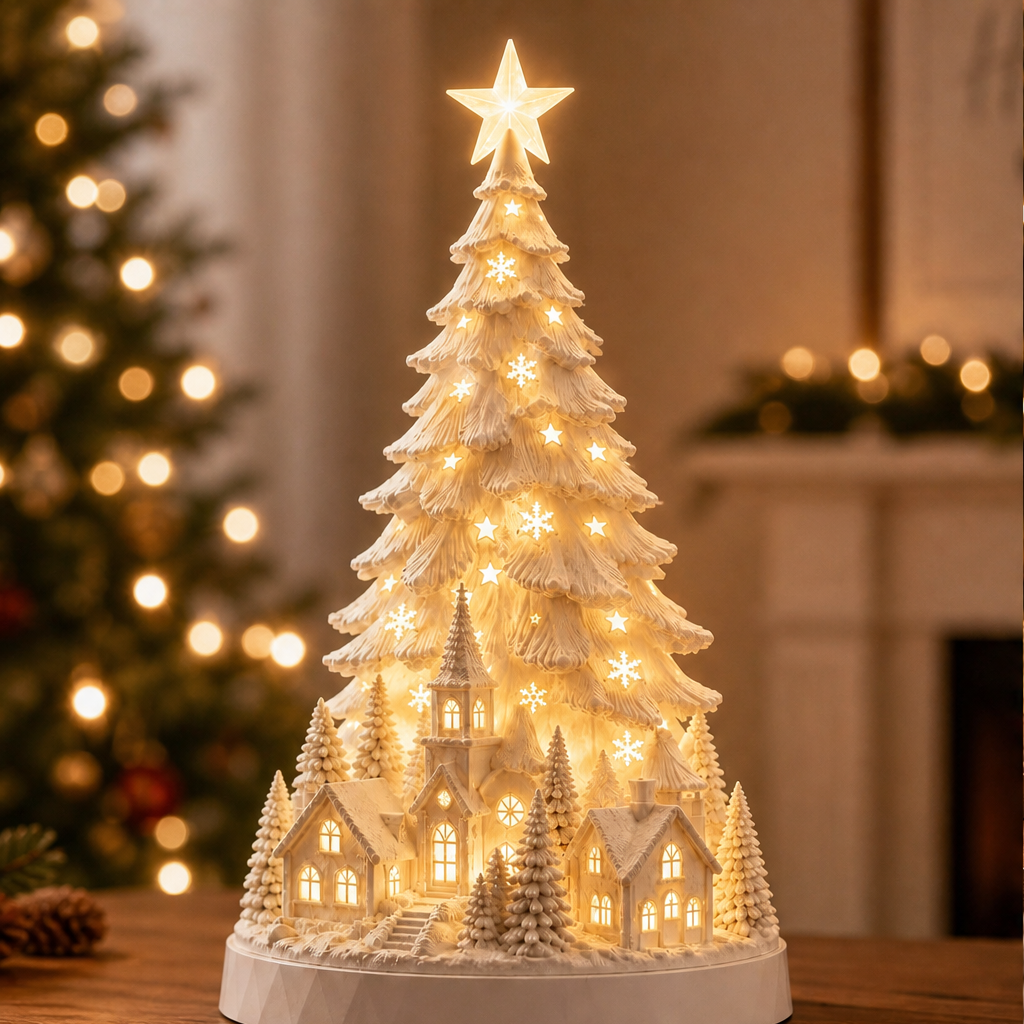 Hearthglow – Lighted Snow-Flocked Christmas Village Tree Decor + 50% OFF