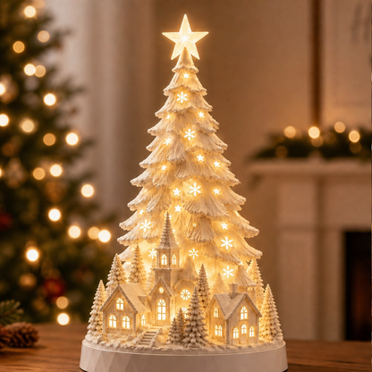 Hearthglow – Lighted Snow-Flocked Christmas Village Tree Decor + 50% OFF