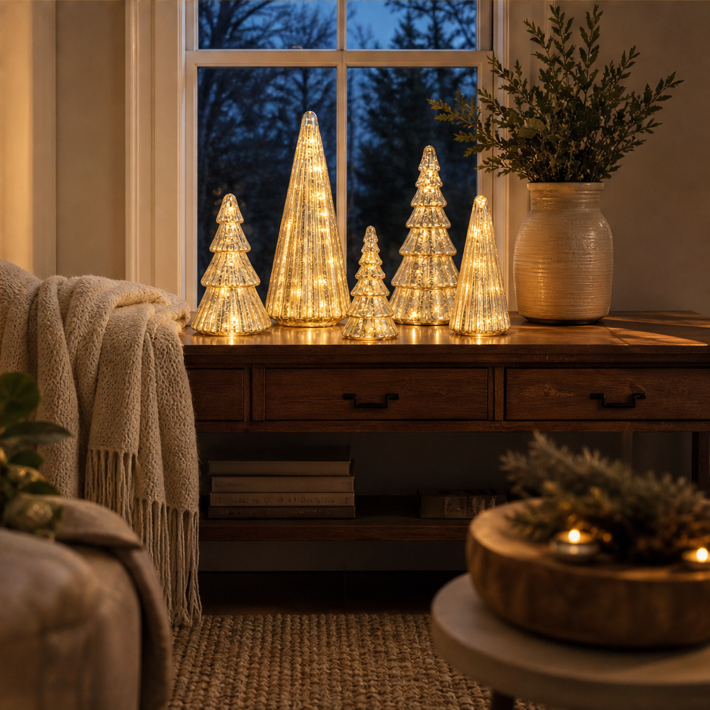Glowmere – Mercury Glass LED Christmas Trees, Set of 5 + 50% OFF