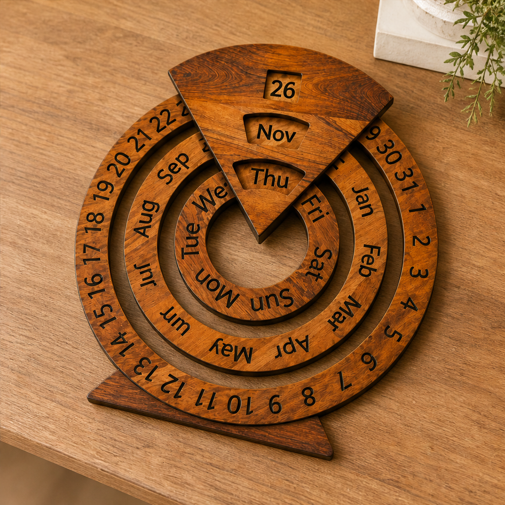 Oakvane – Handcrafted Rotating Wood Perpetual Calendar + 50% OFF