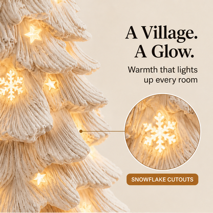 Hearthglow – Lighted Snow-Flocked Christmas Village Tree Decor + 50% OFF