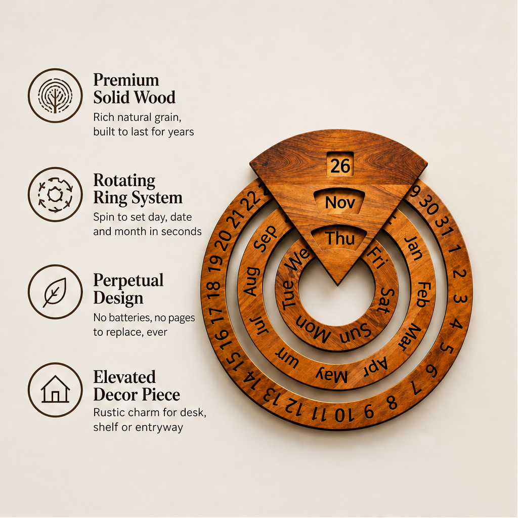 Oakvane – Handcrafted Rotating Wood Perpetual Calendar + 50% OFF
