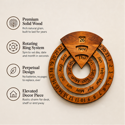 Oakvane – Handcrafted Rotating Wood Perpetual Calendar + 50% OFF