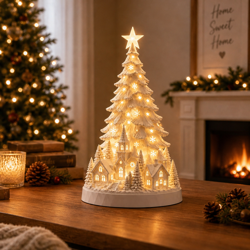 Hearthglow – Lighted Snow-Flocked Christmas Village Tree Decor + 50% OFF