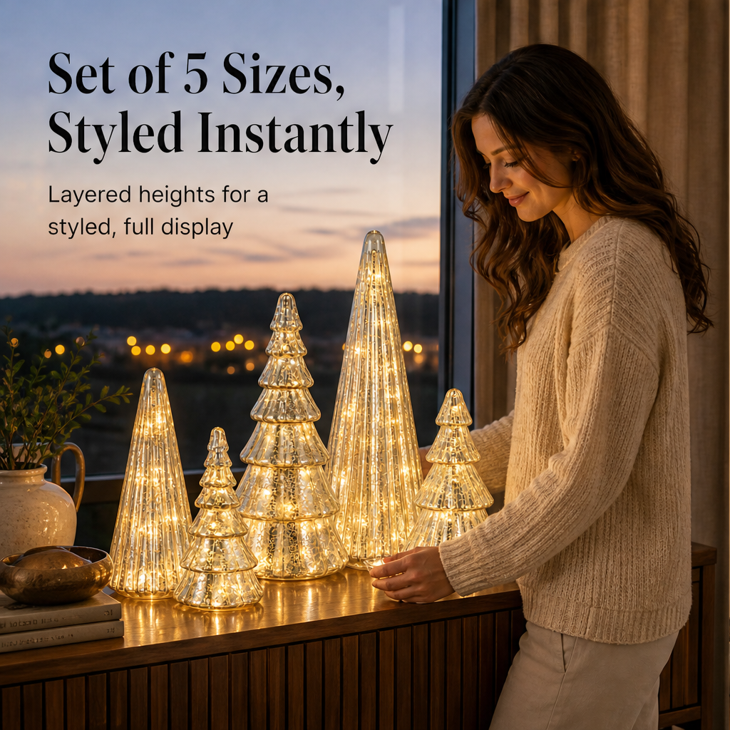 Glowmere – Mercury Glass LED Christmas Trees, Set of 5 + 50% OFF