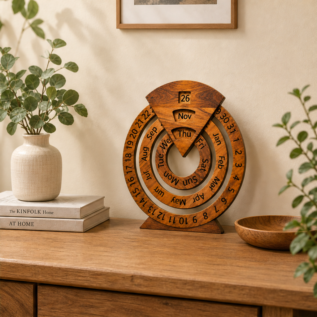 Oakvane – Handcrafted Rotating Wood Perpetual Calendar + 50% OFF