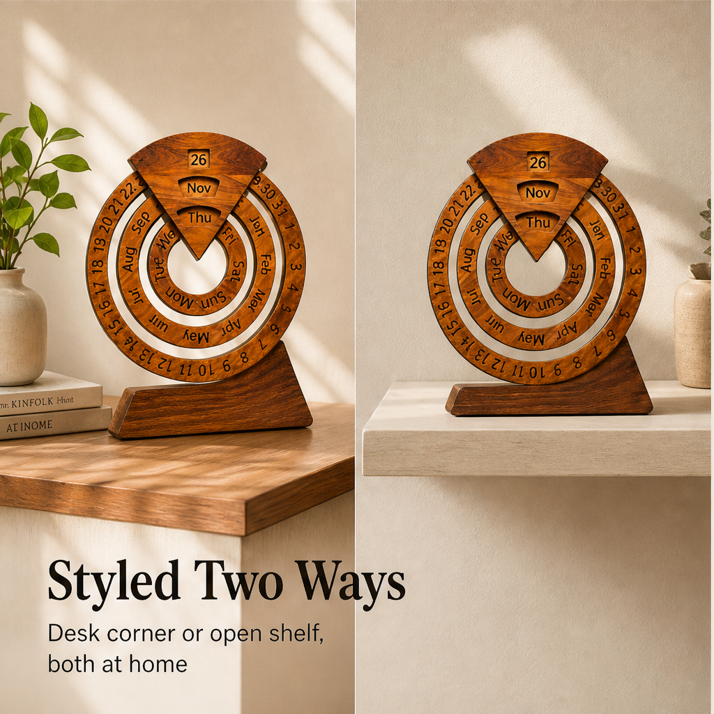 Oakvane – Handcrafted Rotating Wood Perpetual Calendar + 50% OFF