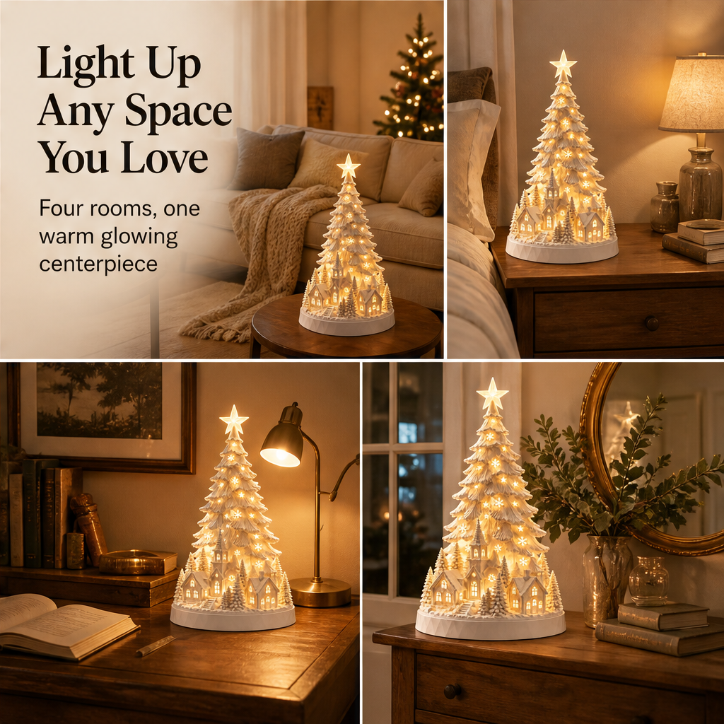 Hearthglow – Lighted Snow-Flocked Christmas Village Tree Decor + 50% OFF