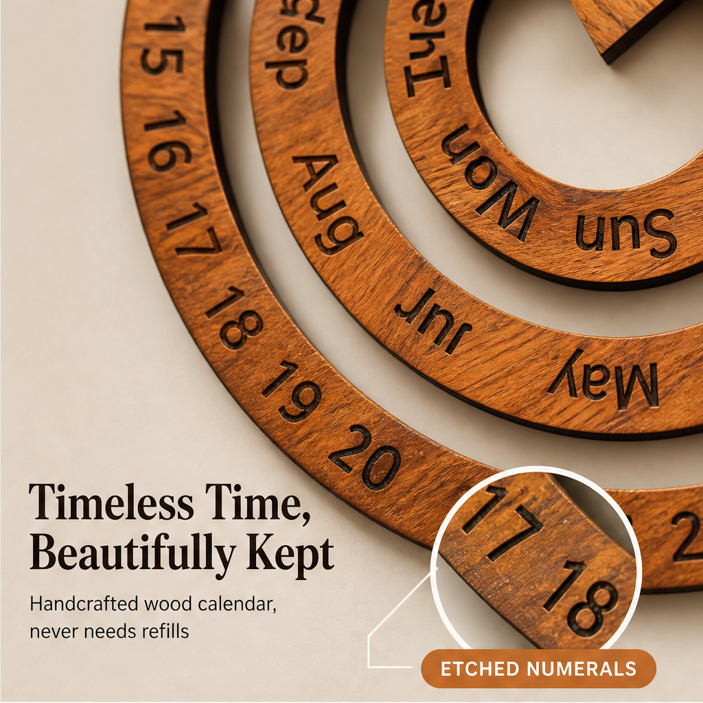 Oakvane – Handcrafted Rotating Wood Perpetual Calendar + 50% OFF