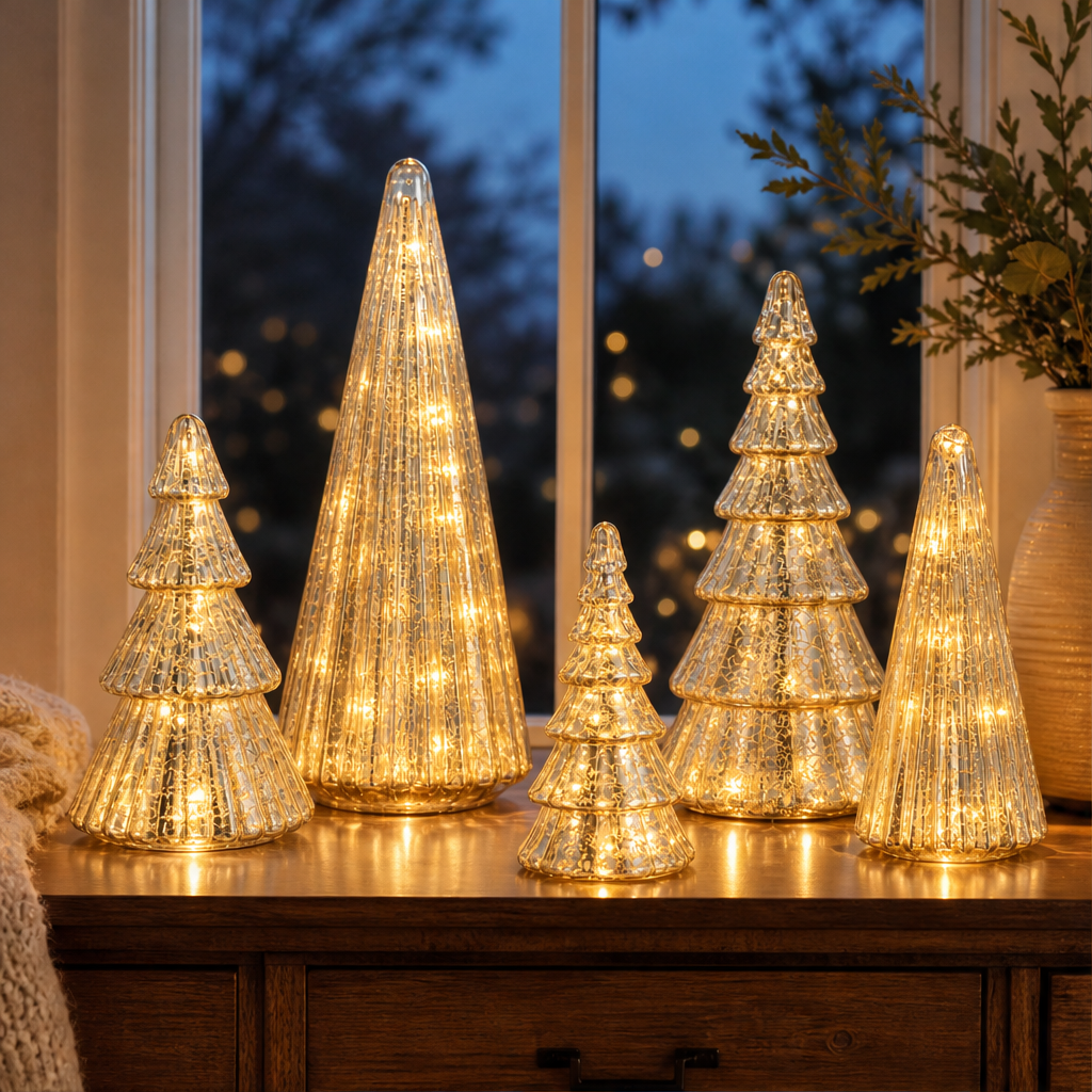 Glowmere – Mercury Glass LED Christmas Trees, Set of 5 + 50% OFF