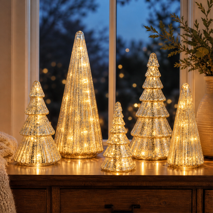 Glowmere – Mercury Glass LED Christmas Trees, Set of 5 + 50% OFF