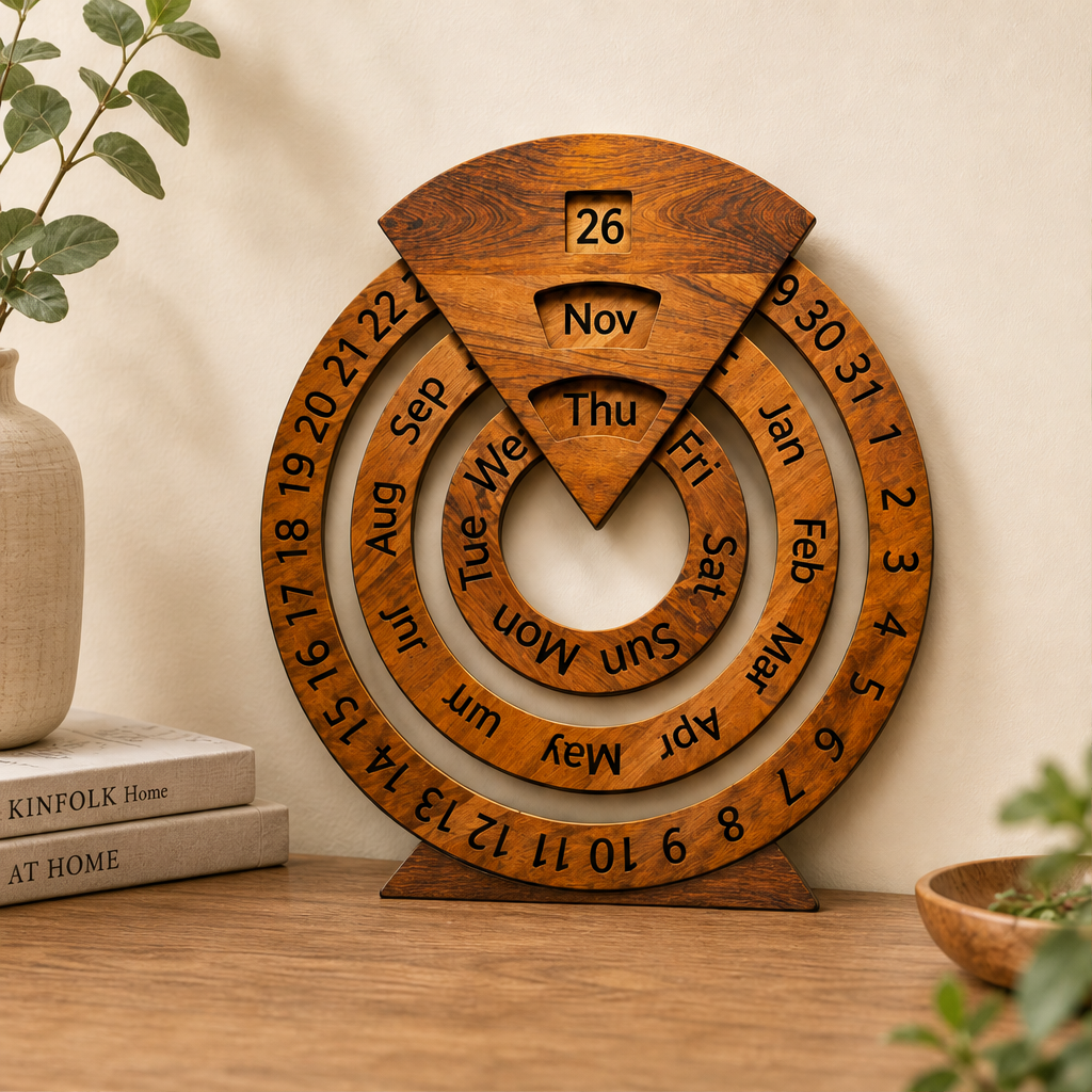 Oakvane – Handcrafted Rotating Wood Perpetual Calendar + 50% OFF