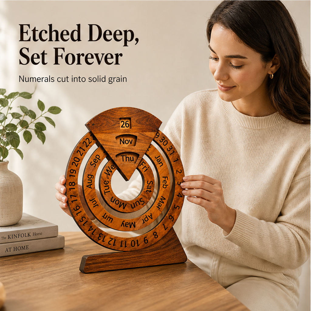 Oakvane – Handcrafted Rotating Wood Perpetual Calendar + 50% OFF