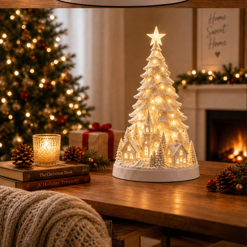 Hearthglow – Lighted Snow-Flocked Christmas Village Tree Decor + 50% OFF